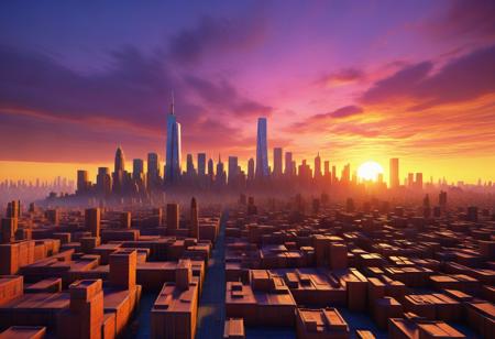 CGI Render, 3D, Photo Art, Neo-expressionist, Impressionist, a nerf city skyline at sunset, accurate, refined, defined, highly detailed, follow negative prompts,