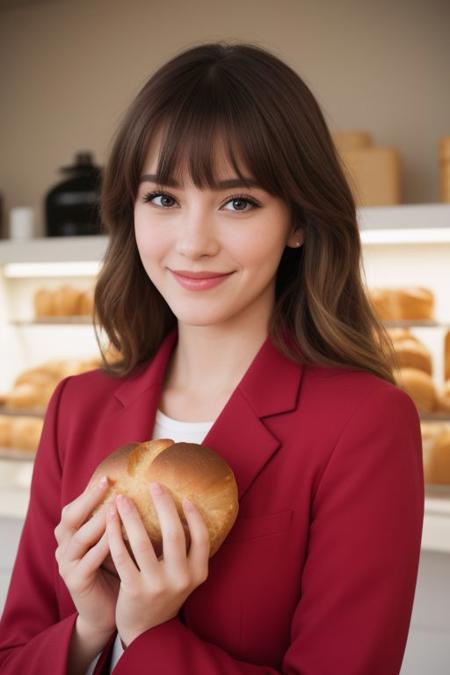photo realistic, masterpiece, best quality, studio lighting, solo, jmc <lora:jennettemccurdyV01:1>, <lora:polyhedron_skinny_all:.3>, pink suit, holding a ((bread,puff)) (Urn) with ((two hands)) , light smiling ,  blonde highlights with bangs , bakery background,(looking at viewer, realistic eye and face details),film grain:1.5, Kodak Max 400 Film), (nsfw:1.2)