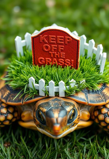 Create a hyper-realistic, hyper-detailed depiction of a turtle with a perfectly manicured lawn on its shell, complete with a white picket fence and a sign that reads "Keep Off The Grass!" in bold, red letters. The lawn is a vibrant, emerald green, with delicate blades of grass that seem to sway in the breeze. The turtle's shell is a weathered, brown color, with subtle texture and cracks that seem to add to the illusion of a miniature suburban landscape. Style: hyper-realistic, detailed, whimsical. Colors: green, brown, white, red. Highest-Quality, 4k, Masterpiece