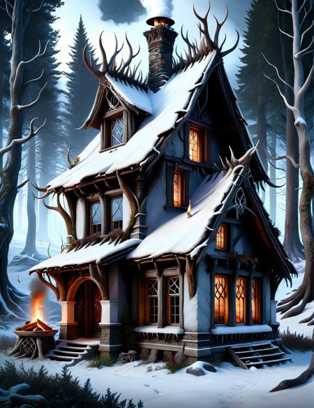 <lora:SDXLAntlerPagan:0.8>AntlerStyle, outside of a witch's house, in a dark and snowy forest, dark fantasy, glacial, pagan witch, high quality, extremely detailed, 8k,HDR, dark night, illuminated windows, smoking chimney