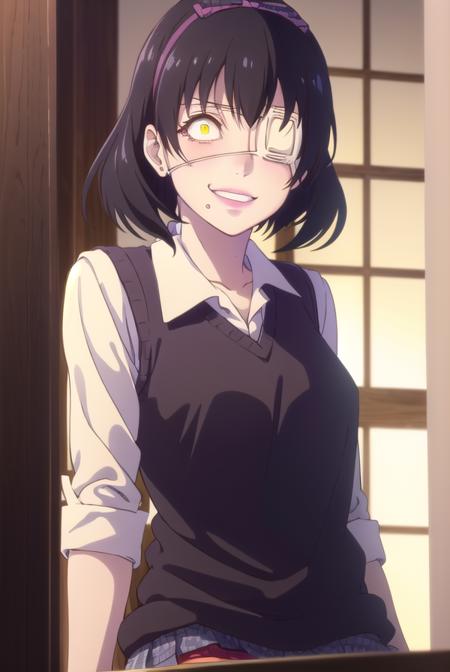 midariikishima, <lora:midari ikishima s2-lora-nochekaiser:1>,
midari ikishima, short hair, black hair, hairband, mole, (eyepatch:1.5), mole under mouth, smile, (yellow eyes:1.2), grin,
BREAK skirt, shirt, school uniform, pleated skirt, bandages, wristband, sweater vest, (red sweater vest:1.3),
BREAK indoors, classroom,
BREAK looking at viewer, (cowboy shot:1.5),
BREAK <lyco:GoodHands-beta2:1>, (masterpiece:1.2), best quality, high resolution, unity 8k wallpaper, (illustration:0.8), (beautiful detailed eyes:1.6), extremely detailed face, perfect lighting, extremely detailed CG, (perfect hands, perfect anatomy),