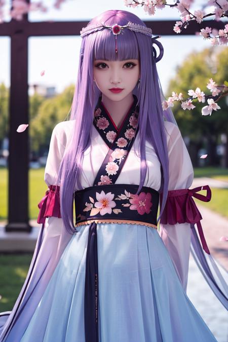 shaosiming hanfu, chinese clothes, traditional clothes, layered clothes,dress,red frilled shawl,  wide sleeves, long sleeves, sleeves past wrists, jewelry,hair stick, tiara,  gem,ribbon,  hair ornament, purple hair, very long hair, blunt bangs, hair rings,