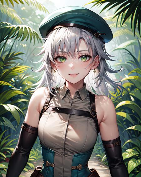 best quality, (masterpiece:1.2), illustration, absurdres,
(1girl), (solo), (beautiful detailed girl),  (upper body, portrait),,
<lora:FieKuro:1>, white hair, long hair, green eyes, medium breasts
green beret, green corset, white skirt, brown top, bare shoulders, black gloves, elbow gloves,  black boots, thighhigh boots, 
looking at viewer, smile,
in a jungle, tropical jungle,