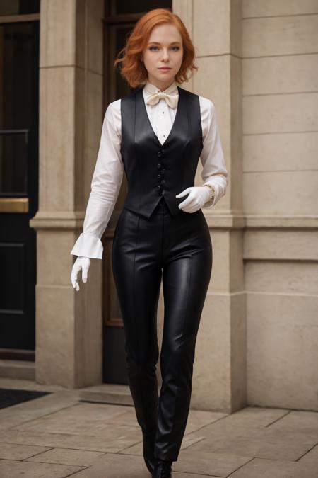 beautiful woman, makeup, eyeliner,  serious, standing, [ginger|strawberry blonde] hair,  best quality, high detail, blurry foreground, front, best quality, high quality, high detail, highres, 4k, <lora:mdollbot:0.7> , (white gloves), standing,  butler outfit, vest,  tailcoat:1.2, elegant and sophisticated, Victorian era influence, tailored jacket, crisp white shirt, ascot, high-waisted trousers, polished leather boot heels, detailed embroidery, monochrome color palette,  cinematic lighting 8k resolution,