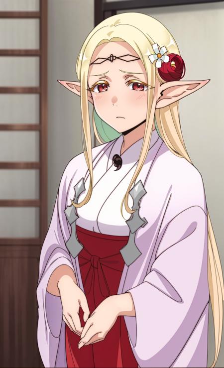 blonde hair pointy ears long hair elf japanese clothes hair ornament