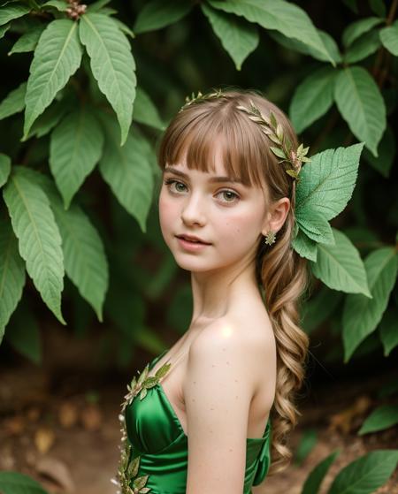 Tilt-shift photo of fairy in dress green leaf, ((realism)), extremely high quality RAW photograph, ultra detailed photograph, sharp focus, high resolution, (detailed skin:1,3),high quality, film grain, Fujifilm XT3,Highly Detailed, movie . Selective focus, miniature effect, blurred background, highly detailed, vibrant, perspective control