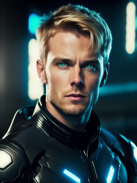 fking_scifi, award-winning photo portrait of a handsome man, wearing a black and [cyan] blue futuristic cyberarmour, sleek armour, blonde hair, (green eyes), square jawline, asymmetric face, large ears, protruding brow, large adams apple, athletic, masculine, futuristic naval ship background, fking_cinema_v2