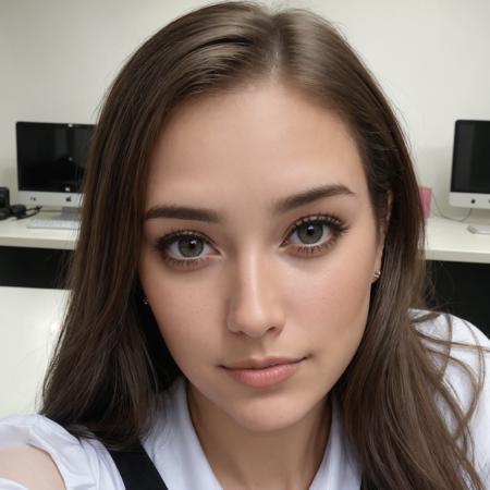 (amateur photo, social media, instagram, facebook, jpeg artifacts, film noise), Marta Diaz Lopez, Extreme close-up, stunning female, 40 years old, beautiful eyes, bob blonde+dark hair, detailed face, detailed skin, tiny breasts, tight maid dress, (fine details)+, cheap office interior background, <lora:shirtliftv1:1>