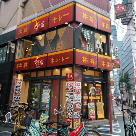 best quality, ultra-detailed, illustration,
tokainosukiya, storefront, bicycle, scenery, ground vehicle, sign, street, road, outdoors, shop, building, power lines, city, motor vehicle, window, day, utility pole, lamppost, real world location, bicycle basket, alley, multiple girls, realistic, photo background, photo (medium)
 <lora:sukiya_SD15_V1:1>