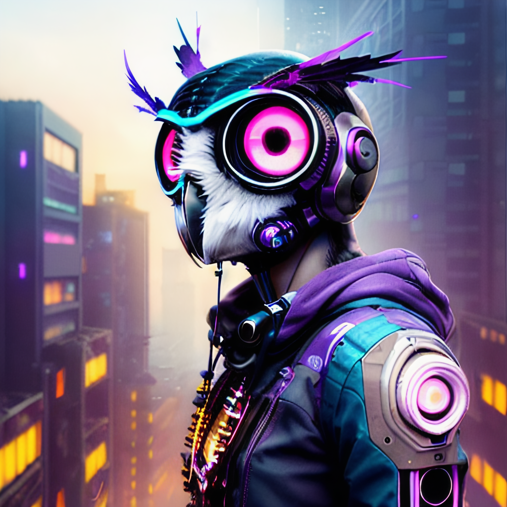 Cybernetic owl person leaning against a building, nvinkpunk style, (owl head), large head, feathers, (cyberpunk), (purple ...