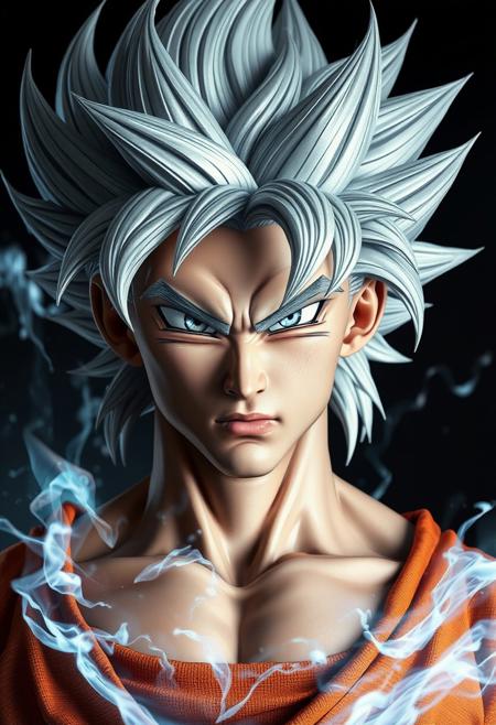 A realistic lifelike full body portrait of Goku in ultra instinct mode reimagined as a real person.   with silver & white hair, silver aura around his body, intense look