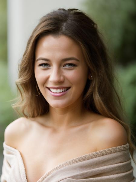 Realistic photo of a beautiful bl4k3l-v2 woman, 1girl, solo, long hair, looking at viewer, smile, blue eyes, blonde hair, bare shoulders, upper body, teeth, off shoulder, grin, sweater, lips, realistic, soft lighting, professional Photography, Photorealistic, detailed, RAW, analog, sharp focus, 8k, HD, high quality, masterpiece<lora:bl4k3l-v2:1.0>