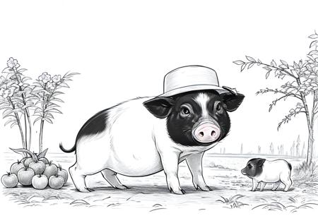 A clever little pig wearing a straw hat,sitting next to a pile of abundant fruits on a spacious farm. It happily enjoys the sunshine,stretches its legs,and munches on the fruits,best quality,non-color,<lora:animeoutlineV4_16:1>,<lora:bamaxiangzhu:1>,