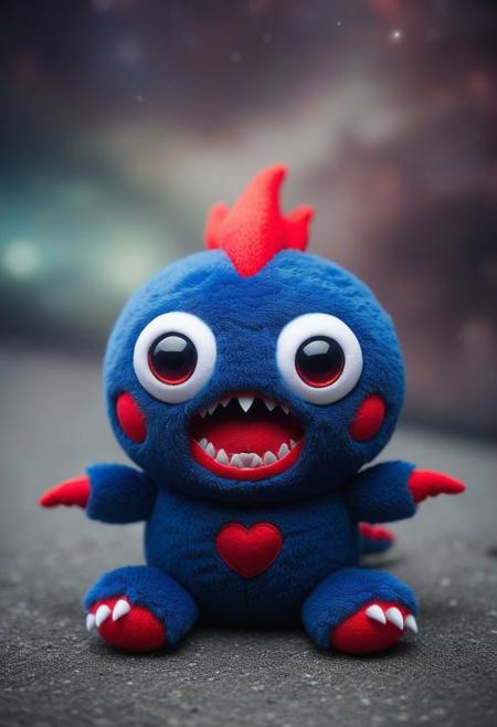 masterpiece,ultra-high resolution,incredible composition,extremely detailed, tiny monster plush with googly eyes, sharp teeth, rage extraterrestrial inside it, in space. made of beaten enchantment made ral-smlvltnpls