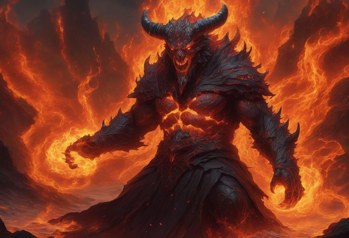 ferrous fire breathing, ghoulish, ghastly horned elemental in a hellish fiery lava filled environment. decimating everything in rage all around it. A lone wizard figure using magic to manipulate water to extinguish fires. OverallDetailXL