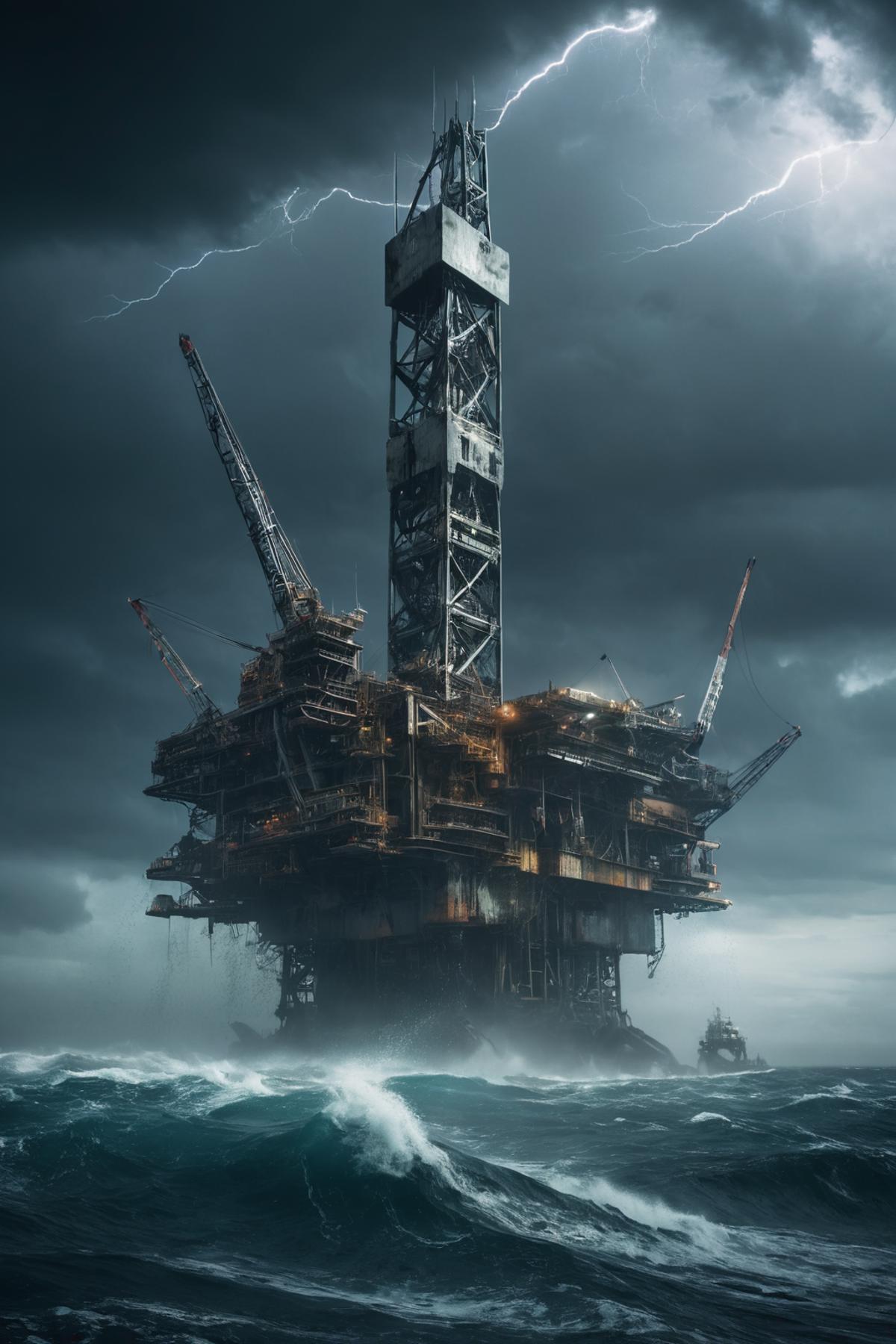 A massive offshore oil rig in the middle of a stormy sea during a storm.