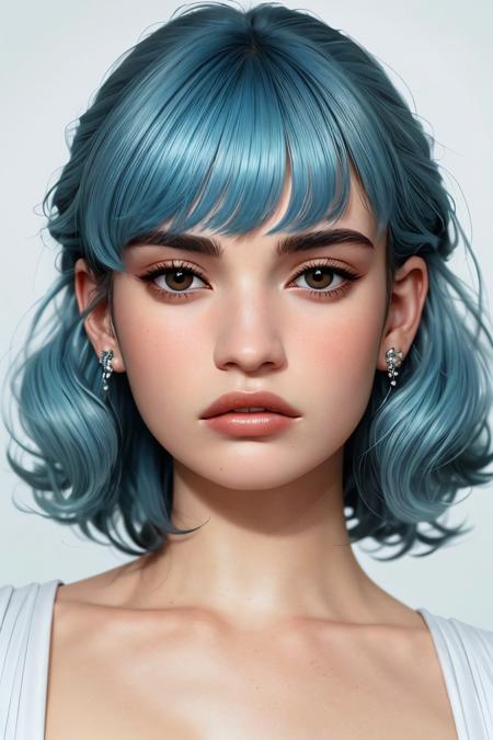 (style of Beeple:1.15), <lora:sd15_LilyJames_locon_64_v1-000016:1> LilyJames, focus on eyes, close up on face, wearing jewelry, Baby Powder Blue hair styled as Soft Curls with Bangs, black and white