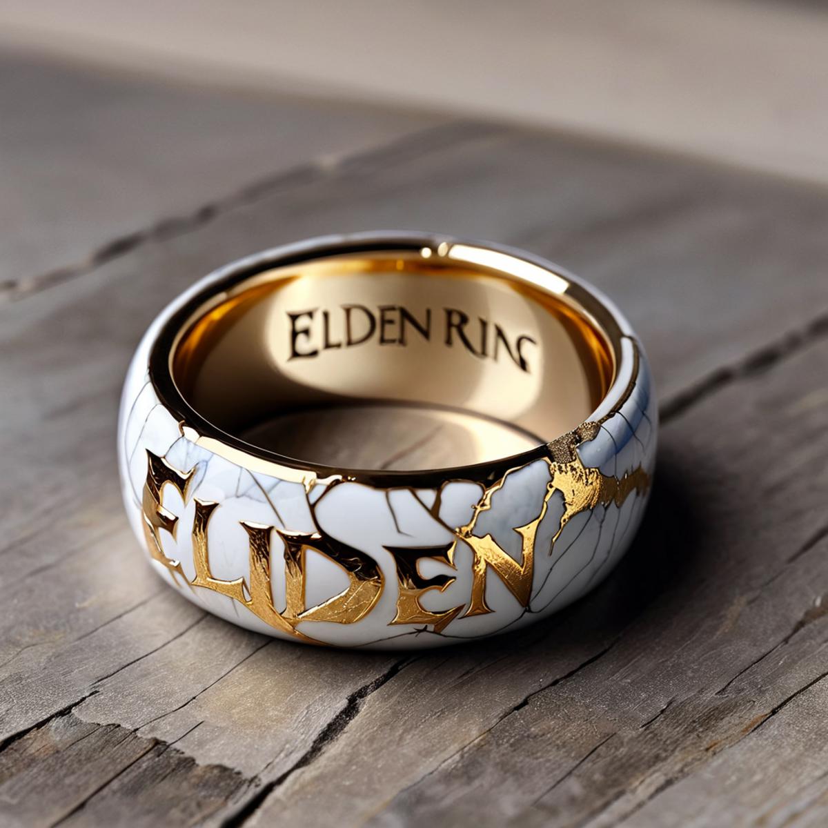A gold and white ring with the word "Elden" written on it.