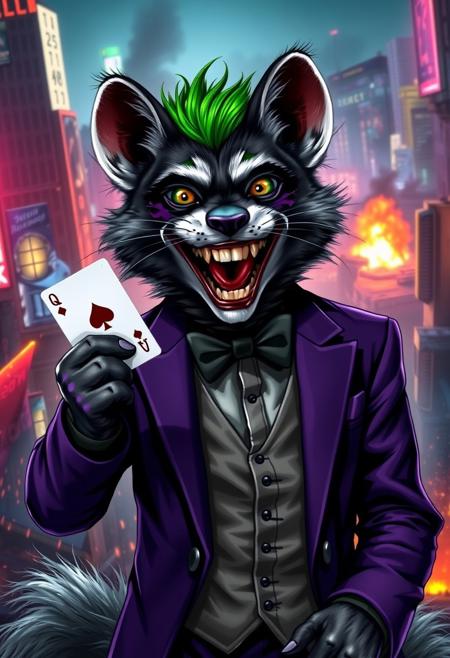 A black-and-white tuxedo hyena with green fur on its head, wearing a purple suit and smeared makeup. The hyena is laughing maniacally, holding a playing card in one paw. The background is a chaotic cityscape at night, with neon lights reflecting off the cat's fur. The card is a joker, with a sinister grin. The hyena's eyes are wide and wild, and its tail is flicking erratically. The city is in disarray, with fires and explosions in the distance. The image should capture the madness and chaos of the Joker, with a playful twist from the cat's anthropomorphic features,  <lora:aidmaFLuxPro1.1_v0.3:0.7> aidmafluxpro1.1,  <lora:Hocus Pocus:1>,  <lora:aidmaImageUpraderv0.3:0.4> aidmaimageupgrader,