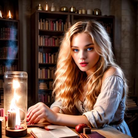 documentary photo of stunning 18yo alchemist:1.2,

1girl, long hair, blonde hair, blue eyes, looking at viewer, cleavage, parted lips, bare shoulders, candle, book, apple, from side,
realistic:1.5,

masterpiece, best quality:1.1,
low key lighting,

ultra photoreal, photorealistic:1.1, sharp focus:1.1, 
depth of field,

50mm, style of Nathan Wirth, Hasselblad X1D II, Porta 160,
