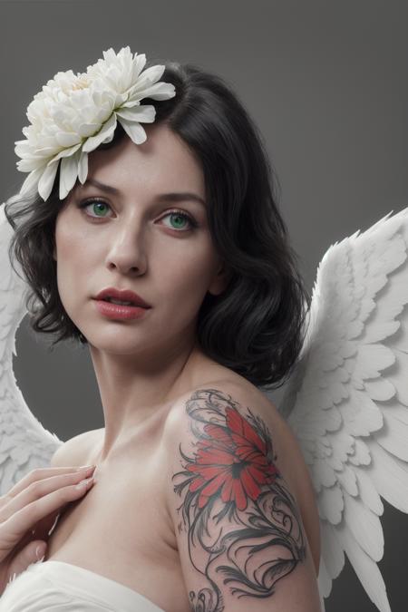 angel woman, beautiful, white dress,  black peonies tattoo, full body, ultra high quality model, black medium detailing, black and white, highly textured style, realism, curves, digital art, art station, octane, arney freytag  anatomically correct, Fashion photo shoot, glamorous hairstyle, red open window, red eyes, white wings, fishnet, nails, full-close up  photo, noise, photofit, soft green back, them, 8 k, hyperrealistic, clear cut, tender hair, night gaze  lens, by photographer annie leibovitz  sigma 85mm f/1.4 1-4 W768 X 11 8 -9.8 85mm Velvia 100-6GM, lens 10, highly detailed, by Paul Bradi
