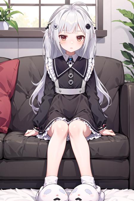 (masterpiece, best quality), 1girl, solo, living room
<lora:koxiaVR_all:0.7>, koxia-apron, slippers, sitting, hair ornament, full body