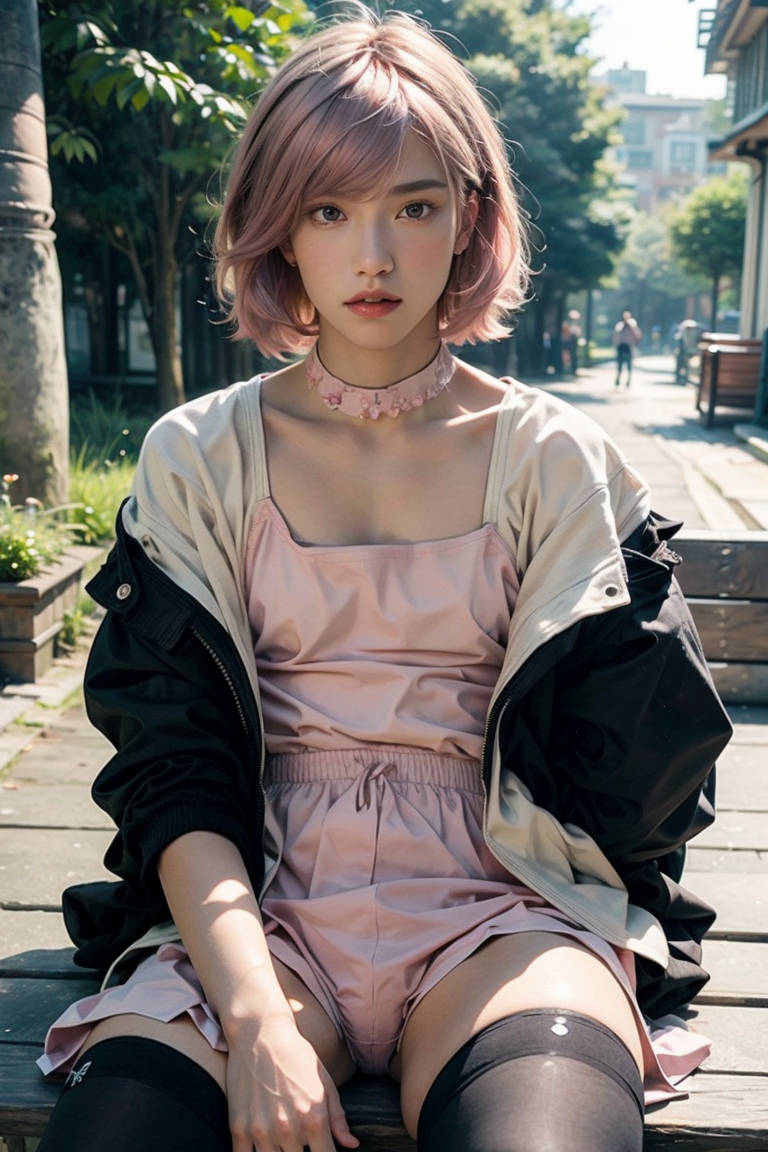 femboy__feminine__flat_chest_1_5__aaaoe___pink_hair__medium_hair__multicolored_hair___blue_jacket__open_jacket__black_leotard___black_stockings___sitting_on_the_bench___spread_legs____c_2380601089.png