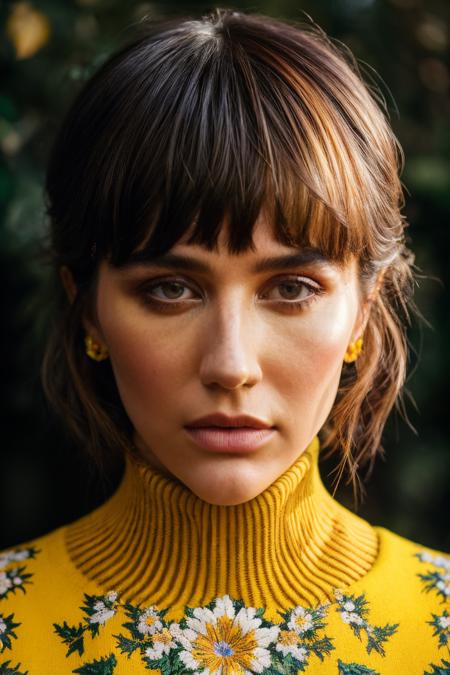 A stunning intricate full color up close portrait of ksh, wearing a yellow turtleneck with floral design pattern on it, epic character composition, by ilya kuvshinov, alessio albi, nina masic, sharp focus, natural lighting, subsurface scattering, f2, 35mm,<lora:Kesha-RealVision-V1.0:1>