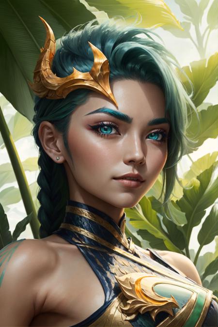 lagoon dragon kai'sa, 1girl, solo, detailed face, looking at viewer, potrait, close-up, jungle, flower, (masterpiece:1.2, best quality)