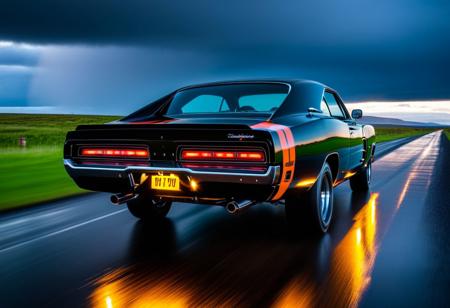 raw photo of fast moving 1969 dodge charger 440 r/t in iceland countryside, sunset, rainy weather, car lights turned on, man on driver seat.