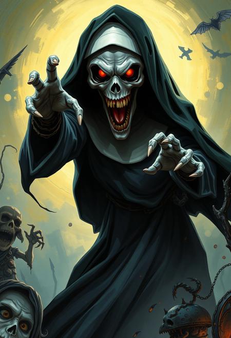 Scary nun, unholy, creepy, horror, dark, ghoul, intricate design and details,  cinematic adventure illustration, vibrant painterly colors, expressive animated characters, storybook fantasy, dynamic action scenes, richly detailed backgrounds, whimsical yet heroic, soft glowing light, classic animation charm, fluid movement, high-energy storytelling