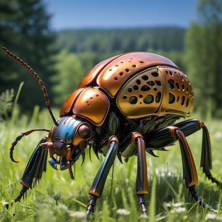 highly detailed candid photo of giant beetle:1.3,

orange beetle:0.4, field, realistic:1.3

masterpiece, best quality:1.1, 

ultra photoreal, photorealistic:1.0, sharp focus:1.1, 
depth of field:1.1, 

50mm, style of Nathan Wirth, Hasselblad X1D II, Porta 160,
