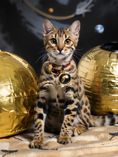 Best quality,ultra high res,detailed background,AP,Bengal cat,cat,With a bell around his neck,color ink,Galaxy,Planet,Wearing a spacesuit,There are meteorites around,no humans,<lora:MG_å® ç©ä¹å®¶_V1.0:0.35>,