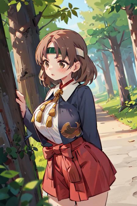 chiyodakc,  headband,  1girl, solo, outside, trees,  huge breasts,  <lora:ChiyodaKCLora-07:1>, grey blazer, bird pattern, plain red hakama skirt, gold tassel, white shirt,