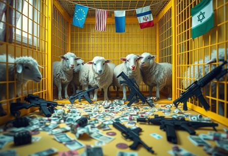 Inside a large, bright yellow cage, a mix of anthropomorphic sheep and humans interact, showcasing a blend of both species’ features in a surreal tableau. The scene is illuminated with creepy lighting that casts unsettling shadows, enhancing the eerie atmosphere. A pastel color palette softens the overall look while adding an unsettling quality. Scattered across the floor are euros and dollars, lying chaotically alongside hand grenades and M16 rifles. Above the cage, European Union, USA, Ukrainian, Israeli, and Iranian flags wave gently. The image captures a rich depth of field, emphasizing the contrast between the lively figures and the ominous presence of weapons and money.