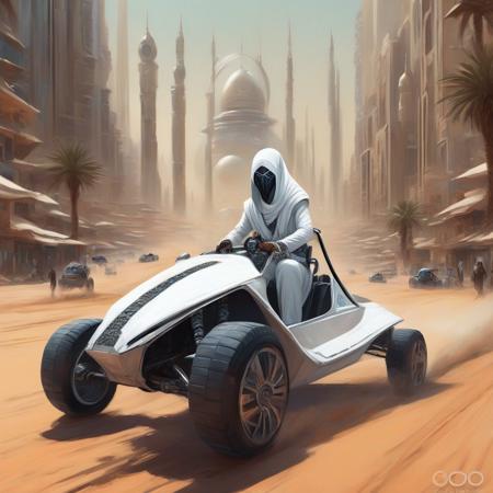 Clair-obscur, digital painting, oil painting, landscape, ((bird's eye view)), emirati arab "assassin's creed" fremen ninja iman sheikh wearing futuristic spacepunk atompunk white cyber-onesie and white saudi Gutra headdress, driving retrofuturistic armoured dune buggy with Arabic decoration, in empty street, racing in front of futuristic turkish moroccan skyscrapers made from white marble and black stone, "traditional 15th century arab architecture" and cyberpunk and spacepunk, in gorgeous french japanese jungle garden park oasis with purple and pink alien plants, in cyberpunk dubai "abu dabi" "kuala lumpur" singapore with lots of LCD screens and neon, retrofuturistic white armoured military dune buggies with arab decoration, in the style of arcane and fernanda suarez pascal blanche and Hermann Stenner and simon stalenhag and Gustavé Doré and alex grey and alphonse mucha and nekro and josan gonzalez and dishonored and bioshock and simon stalenhag and rembrandt and Roger Ballen and Yousuf Karsh and HR Giger and Dariusz Zawadzki and John Jude Palencar and David Cronenberg and Liam Wong and Zdzislaw Beksinski and Luis Buñuel and Takashi Miike and David Lynch and Luis Royo and jakub rozalski and Ilya Kuvshinov and Wlop and Artgerm, trending on artstation, featured on pixiv, dynamic lighting, hyper detailed, octane render, 8k