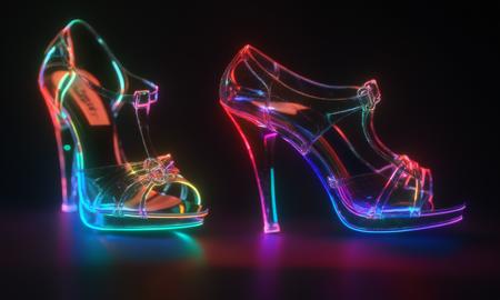 <lora:shineglasscd_xl-000005:0.7>,a (shineglasscd_xl,shine glass,neon lights,light particles,colorful:1.3,gradient,chromatic aberration) mechanical a pair of high heels,no humans,long-focus,tilt-shift,dark background,simple background,full body,cutie,cute,still life,front view, emotional,harmonious,high budget,moody,epic,gorgeous,perfect lighting,realistic,photorealistic,photographic,photo (medium),real,moody lighting,volumetric lighting,reality ray tracing,8K,HDR,UHD,masterpiece,best quality,highly detailed,high resolution,finely detail,extremely detailed,ultra detailed,wallpaper