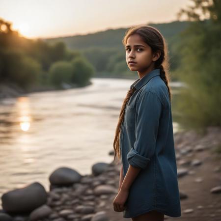 girl standing by the river, cinematic shot, sharpness, 100mm, maxim magazine, national geographic, AgfaPhoto CT Precisa photography, edge lighting, behance photography