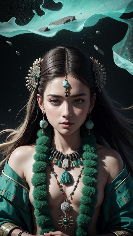 portrait, solo, half shot, detailed background, detailed face, (<lora:stonepunkai_v10:0.8>, stonepunkAI, stone theme:1.1), wise, shaman, mystical, Seafoam Green frayed clothes, beads, obsidian, floating particles, embers, trees in background, ritual, whirlwind, foreboding atmosphere