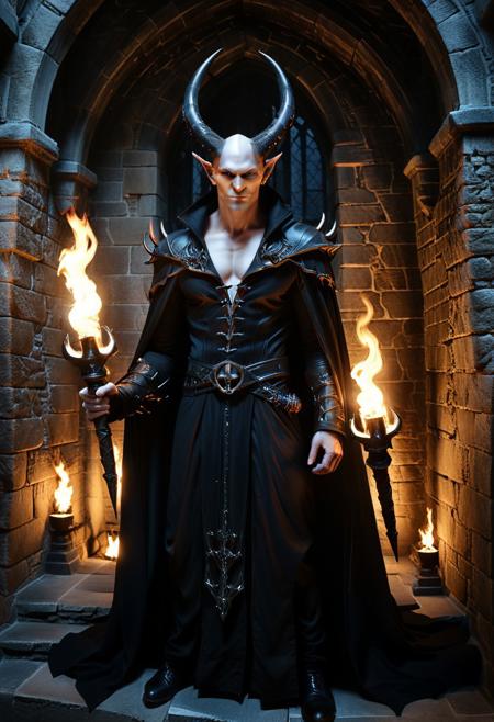 score_9, score_8_up, score_7_up, score_6_up, score_5_up, score_4_up, (absurdres, best quality, masterpiece:1.4), illustration, photorealistic, cinematic lighting, dynamic angle, perfect composition, demon king, black cloak, long horns, pale skin, gothic architecture, torches, stone walls, shadows, evil smirk, powerful stance, dark magic aura