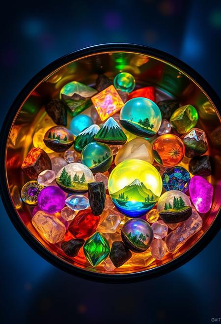 "Bowl overflowing with radiant, glowing jewels and gems, each containing a miniature, self-contained landscape within its depths. Tiny mountains, oceans, forests, and skies are suspended within the stones, as if the essence of the earth has been distilled into these tiny, shimmering worlds. The bowl is a treasure trove of tiny, intricate ecosystems, each one a perfect, glowing miniature of the natural world. Style: vibrant, detailed, and highly realistic, with an emphasis on capturing the breathtaking beauty of the tiny landscapes within the jewels."