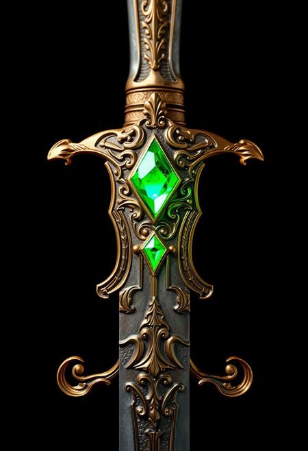 A Highly Detailed Ancient Looking gold Sword With A Single Light green Gem embedded in the hilt