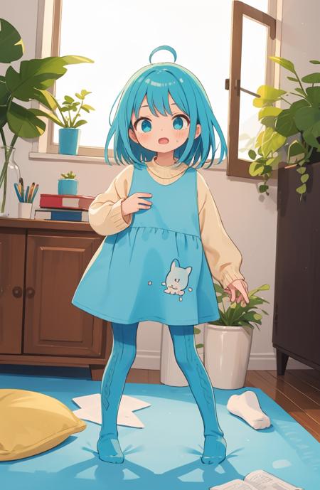 (1girl, solo), ((best quality, masterpiece)), <lora:cabletights-Lite:0.8> (cktights:1.2), sweaterdress, cyan pantyhose, full body, no shoes,