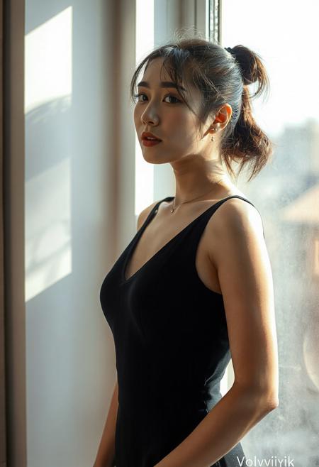 DSLR-style, slender, elegant 26-year-old Korean model, translucent pale skin with natural texture, soft shadow on cheek, diffused daylight from side, parted lips, clean background, solo, masterpiece, ultra high-res  
<lora:NOOB_vp1_detailer_by_volnovik_v1:1>
barely visible pores, subtle skin texture variation, translucent skin tone
A high-resolution portrait of a beautiful 26-year-old East Asian woman standing by a window, natural morning light casting soft shadows on her face and body, wearing a sleek black dress with elegant simplicity, subtle expression, realistic skin texture, slightly tousled hair tied in a ponytail, cinematic lighting, shallow depth of field, hyperrealistic style, emotional atmosphere, DSLR photography look