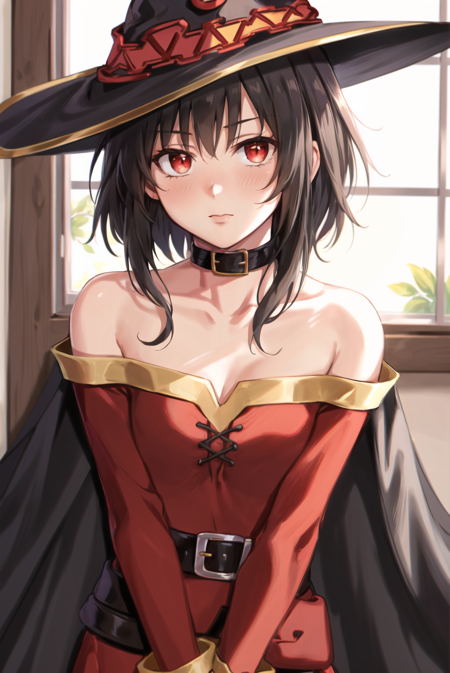 thisuserisalive,  masterpiece, best quality, megumin, 1girl, bare shoulders, black cape, black gloves, black hair, blush, cape, choker, collarbone, dress, hair between eyes, hat, long sleeves, looking at viewer, medium hair, off-shoulder dress, off shoulder, red dress, red eyes, sidelocks, solo, witch hat, indoors,  <lora:thisuserisalive_offset:1>