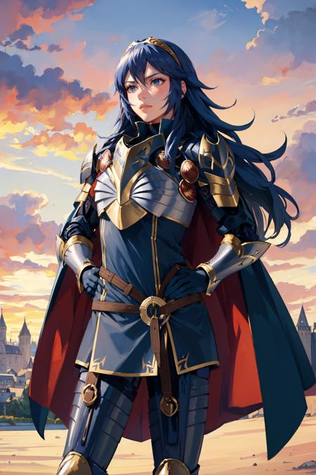 masterpiece, best quality,  <lora:lucina-nvwls-v1-000008:1> brvLucy, tiara, cape, full armor, breastplate, gauntlets, armored legwear, red sky, clouds, furrowed brow, hands to hips, castle, medieval architecture, outdoors