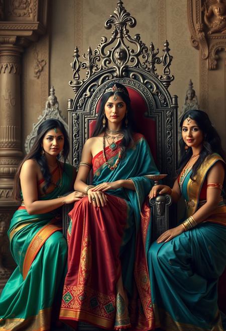on throne, beautiful sexy princess being served by four lovely Amazon slave girls in harem saris