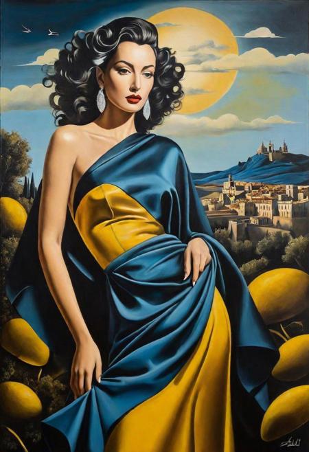 high quality, highly detailed, painting involves blending classical elegance with a contemporary twist, The focal point is an enigmatic figure inspired by film noir protagonists, positioned against a backdrop of nature and urban sophistication, Employing chiaroscuro techniques akin to Caravaggio, the play of light and shadow adds mystery and intimacy, The attire combines classical and modern fashion, with intricate details reflecting haute couture craftsmanship, Surreal elements drawn from Salvador Dal's style create a dreamscape around the figure, The color palette harmonizes rich tones and pastels, awesome full color,