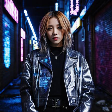 yuqi, (indistinguishable from reality:1.4), (8k, masterpiece, best quality, ultra-detailed), intricately detailed, ultra-high resolutions | cyberpunk art style, cyberpunk city, 19 year old girl in a dark alley, dynamic pose, perfect skin, beautiful face, detailed intricate hair, cinematic shot, cinematic lightning, best shadow, symmetrical beautiful eyes, sliced bob haircut, vaporwave colors, background dark alley full of derelicts and graffiti, <lora:yuqi_v10:0.6>, <lora:add-detail-xl:4>