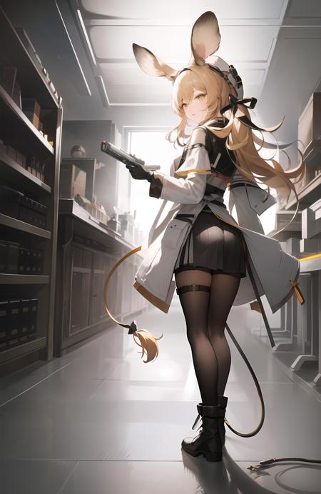 shoujo-style, detailed hair,
(dorothy \(arknights\), 1girl, animal ears, solo, gloves, tail, yellow gloves, full body, indoors, long hair, coat, boots, mouse ears, thigh strap, breasts, skirt, shirt, open coat, white headwear, looking at viewer, yellow eyes, full body, ass, looking back), 
(Highres), 8K, Detailed, Ambient Light, Digital Art, Soft Lighting, (Hyper-Detailed Background:1.2), Messy Hair, (Mature Face:1.4), (beautiful face:1.15), (((masterpiece))), (highest quality), ((perfect face)), very deep eyes, (cinematic lighting), detailed eyes, best quality,  realistic background, highres, (intricate details), detailed finger, extremely detailed, intricate, award-winning, hyper-detailed, hard lighting, intricate details, eyes focus, (illustration:1.1), highres, trending on artstation